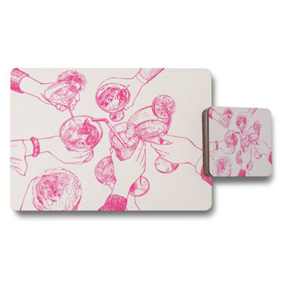 Benjamin Tate Design Placemat And Coaster Set Designer Artwork On Wood Base Pink Sketch Motif Limited Edition - image 1