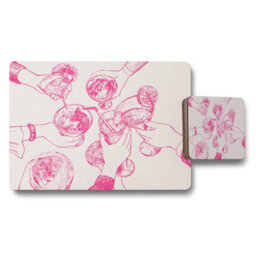 Benjamin Tate Design Placemat And Coaster Set Designer Artwork On Wood Base Pink Sketch Motif Limited Edition