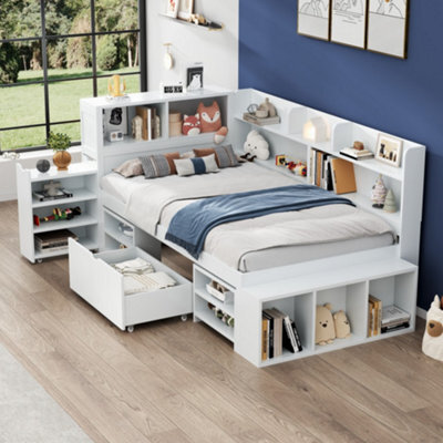 Btm Single Bed 3Ft 90X190Cm Childrens Bed With Drawers Bookcase Storage Cupboard Slatted Frame White No Mattress - image 1