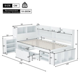 Btm Single Bed 3Ft 90X190Cm Childrens Bed With Drawers Bookcase Storage Cupboard Slatted Frame White No Mattress - thumbnail 7