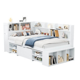 Btm Single Bed 3Ft 90X190Cm Childrens Bed With Drawers Bookcase Storage Cupboard Slatted Frame White No Mattress - thumbnail 6