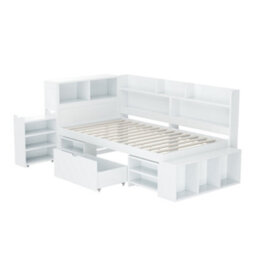 Btm Single Bed 3Ft 90X190Cm Childrens Bed With Drawers Bookcase Storage Cupboard Slatted Frame White No Mattress - thumbnail 9