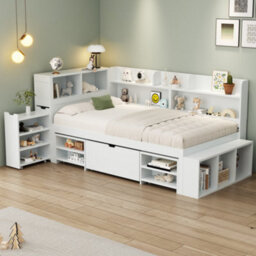 Btm Single Bed 3Ft 90X190Cm Childrens Bed With Drawers Bookcase Storage Cupboard Slatted Frame White No Mattress - thumbnail 3