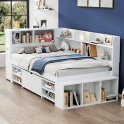 Btm Single Bed 3Ft 90X190Cm Childrens Bed With Drawers Bookcase Storage Cupboard Slatted Frame White No Mattress - thumbnail 2