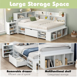 Btm Single Bed 3Ft 90X190Cm Childrens Bed With Drawers Bookcase Storage Cupboard Slatted Frame White No Mattress - thumbnail 4
