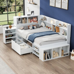 Btm Single Bed 3Ft 90X190Cm Childrens Bed With Drawers Bookcase Storage Cupboard Slatted Frame White No Mattress - thumbnail 1