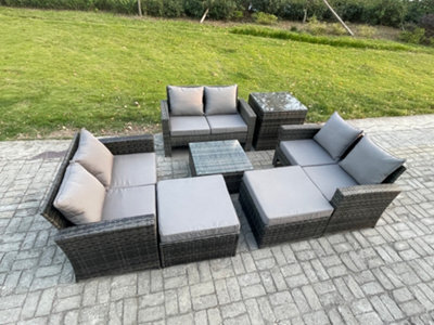 Fimous Outdoor Lounge Sofa Set Wicker Pe Rattan Garden Furniture Set With Square Coffee Table Double Seat Sofa 2 Big Footstool - image 1