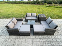 Fimous Outdoor Lounge Sofa Set Wicker Pe Rattan Garden Furniture Set With Square Coffee Table Double Seat Sofa 2 Big Footstool - thumbnail 2