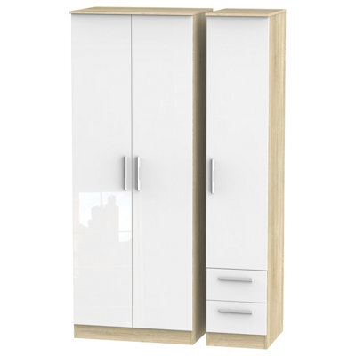 Trent Tall Triple Side Drawer Wardrobe In White Gloss & Bardolino Oak (Ready Assembled)