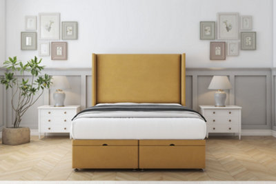 "Sloomy Devonshire Mustard Plush Ottoman Bed With Mattress With 54"" Wingback Headboard 5' King" - image 1