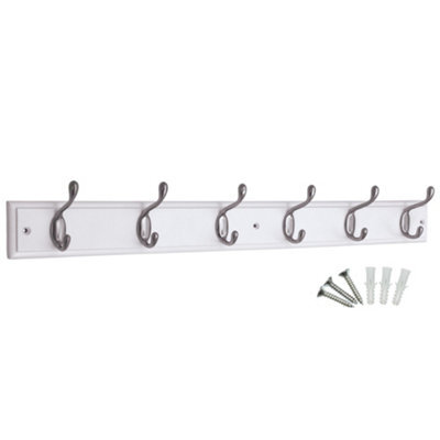 Keypak 6 Coat Hooks Wall-Mounted Coat Rack, 68Cm - White Wooden Board, Satin Nickel Hooks - Fixings Included - image 1