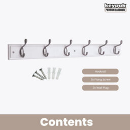 Keypak 6 Coat Hooks Wall-Mounted Coat Rack, 68Cm - White Wooden Board, Satin Nickel Hooks - Fixings Included - thumbnail 4