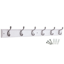 Keypak 6 Coat Hooks Wall-Mounted Coat Rack, 68Cm - White Wooden Board, Satin Nickel Hooks - Fixings Included