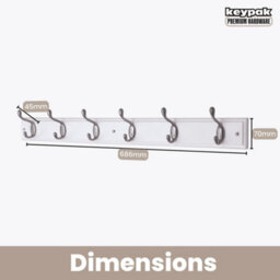 Keypak 6 Coat Hooks Wall-Mounted Coat Rack, 68Cm - White Wooden Board, Satin Nickel Hooks - Fixings Included - thumbnail 3