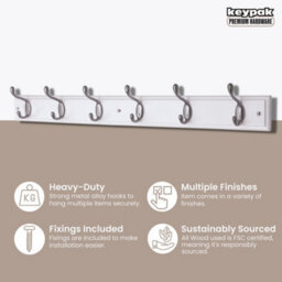 Keypak 6 Coat Hooks Wall-Mounted Coat Rack, 68Cm - White Wooden Board, Satin Nickel Hooks - Fixings Included - thumbnail 2