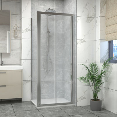 Sundaze 800mm Bi-Fold Door Shower Enclosure Chrome Framed With 800mm Side Panel, White Slate Effect Shower Tray & Waste - image 1