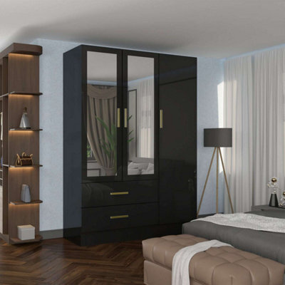 Sliding Wardrobes 4 u LTD Modern High Gloss And Mirror 3 Door Hinged Wardrobe With Hanging Rail And Storage Shelves - (Black,116Cm) - image 1