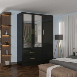 Sliding Wardrobes 4 u LTD Modern High Gloss And Mirror 3 Door Hinged Wardrobe With Hanging Rail And Storage Shelves - (Black,116Cm) - thumbnail 1