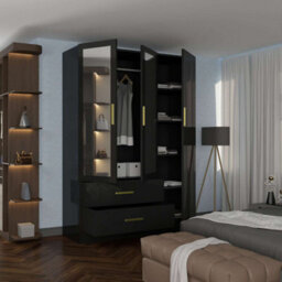 Sliding Wardrobes 4 u LTD Modern High Gloss And Mirror 3 Door Hinged Wardrobe With Hanging Rail And Storage Shelves - (Black,116Cm) - thumbnail 3