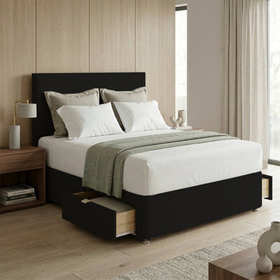"Adore Designs Victoria Plush Velvet Divan Bed, 50"" Headboard & Mattress - 6Ft Super King - Black - 2 Drawers Same Side" - image 1