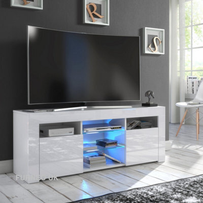 Furneo White Tv Stand 120Cm Unit Cabinet Matt & High Gloss Puzzo Blue Led Lights - image 1