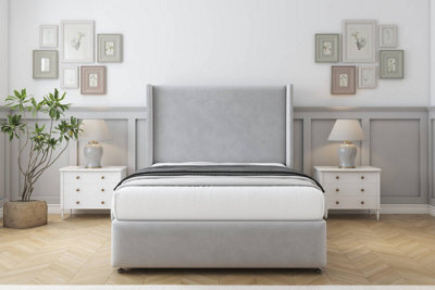 "Comfort Ayla Silver Plush Divan Bed Set No Drawers - 54"" Wingback & 12"" Footboard 3' Single" - image 1