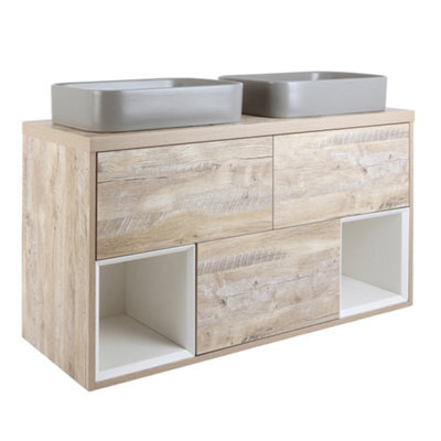 Homestylestore Light Oak 1200mm Led Lit Wall Hung Bathroom Vanity Unit Rectangular Pebble Countertop Basins Open Shelves - image 1