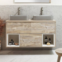 Homestylestore Light Oak 1200mm Led Lit Wall Hung Bathroom Vanity Unit Rectangular Pebble Countertop Basins Open Shelves - thumbnail 2