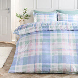 Ohs Watercolour Check Reversible Microfibre Duvet Cover Bedding Set, Blue - Super King - thumbnail 2