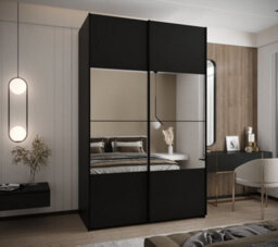 Arte Elegant Trosa Iv Black Sliding Door Wardrobe H2450mm W1500mm D640mm Mirrored Doors, Six Shelves, Hanging Rail, Steel Handles - thumbnail 2