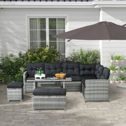 Outsunny 5 Pcs Rattan Garden Furniture Set With Stools, Table, Cushion, Grey - thumbnail 1