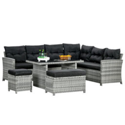 Outsunny 5 Pcs Rattan Garden Furniture Set With Stools, Table, Cushion, Grey - thumbnail 2