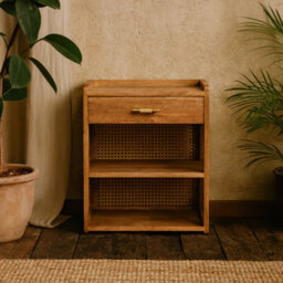 Wyld Haus Orta Mango Wood T-Bar Bedside Table With Drawer, Natural Oak Finish, D35Cm X H58Cm X W45Cm - thumbnail 1