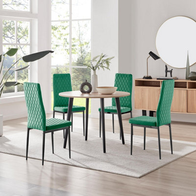 Furniturebox Uk Koko Oak Effect Round Dining Table & 4 Green Velvet Milan Black Leg Chairs - image 1