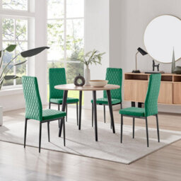 Furniturebox Uk Koko Oak Effect Round Dining Table & 4 Green Velvet Milan Black Leg Chairs
