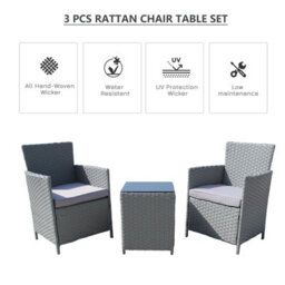 3 Piece Rattan Garden Furniture Set, 2 Seater Patio Bistro Set With Glass Top Table, Soft Cushion - Gray - thumbnail 2