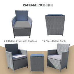 3 Piece Rattan Garden Furniture Set, 2 Seater Patio Bistro Set With Glass Top Table, Soft Cushion - Gray - thumbnail 3