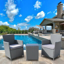 3 Piece Rattan Garden Furniture Set, 2 Seater Patio Bistro Set With Glass Top Table, Soft Cushion - Gray - thumbnail 5