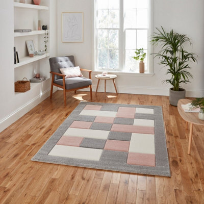 Grey Rose Polypropylene Modern Chequered Geometric Bordered Rug For Living Room Bedroom And Dining Room-60Cm X 120Cm - image 1