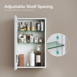 Emke Bathroom Mirror Cabinet 65X40Cm, Single Door Storage With Adjustable Glass Shelves, Concealed Handles & Door-Back Racks - thumbnail 3