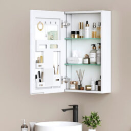 Emke Bathroom Mirror Cabinet 65X40Cm, Single Door Storage With Adjustable Glass Shelves, Concealed Handles & Door-Back Racks - thumbnail 2