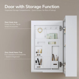 Emke Bathroom Mirror Cabinet 65X40Cm, Single Door Storage With Adjustable Glass Shelves, Concealed Handles & Door-Back Racks - thumbnail 4