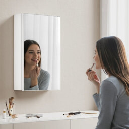 Emke Bathroom Mirror Cabinet 65X40Cm, Single Door Storage With Adjustable Glass Shelves, Concealed Handles & Door-Back Racks - thumbnail 5