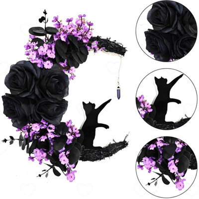 Amorly Halloween Front Door Wreath, Artificial Black Cat Crescent Moon Garland, Spooky Decor Ornament For Porch And Holiday Party Styling - image 1