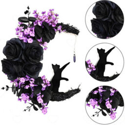 Amorly Halloween Front Door Wreath, Artificial Black Cat Crescent Moon Garland, Spooky Decor Ornament For Porch And Holiday Party Styling - thumbnail 1