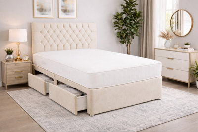 Comfy Deluxe Cream Coniston 5Ft King Size Bed Set With Orthopaedic Mattress And Headboard 2 Drawers One On Each Side