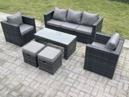 Fimous Lounge Rattan Sofa Set Outdoor Garden Furniture Oblong Rectangular Coffee Table With 2 Chairs 2 Stools - thumbnail 1