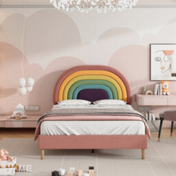 Btm Upholstered Bed 135X190 Slatted Frame Headboard Height Adjustable Velvet Pink - thumbnail 5