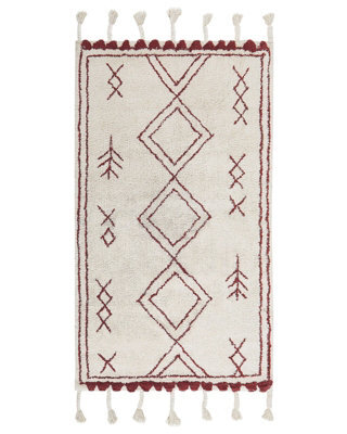 Beliani 80 X 150 Cm Hand-Tufted Cotton Rug Off-White With Dark Red Geometric Pattern And Tassels - image 1