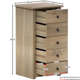 5 Drawer Narrow Chest Panama Drawer Chest Solid Pine Natural Wax Wood Bedroom Storage Furniture Unit - thumbnail 1